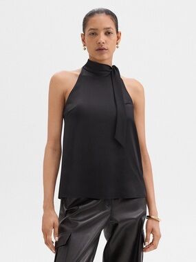 Theory Tie-Neck Halter Top in Textured Satin Navy Blue NWT Small MSRP $106